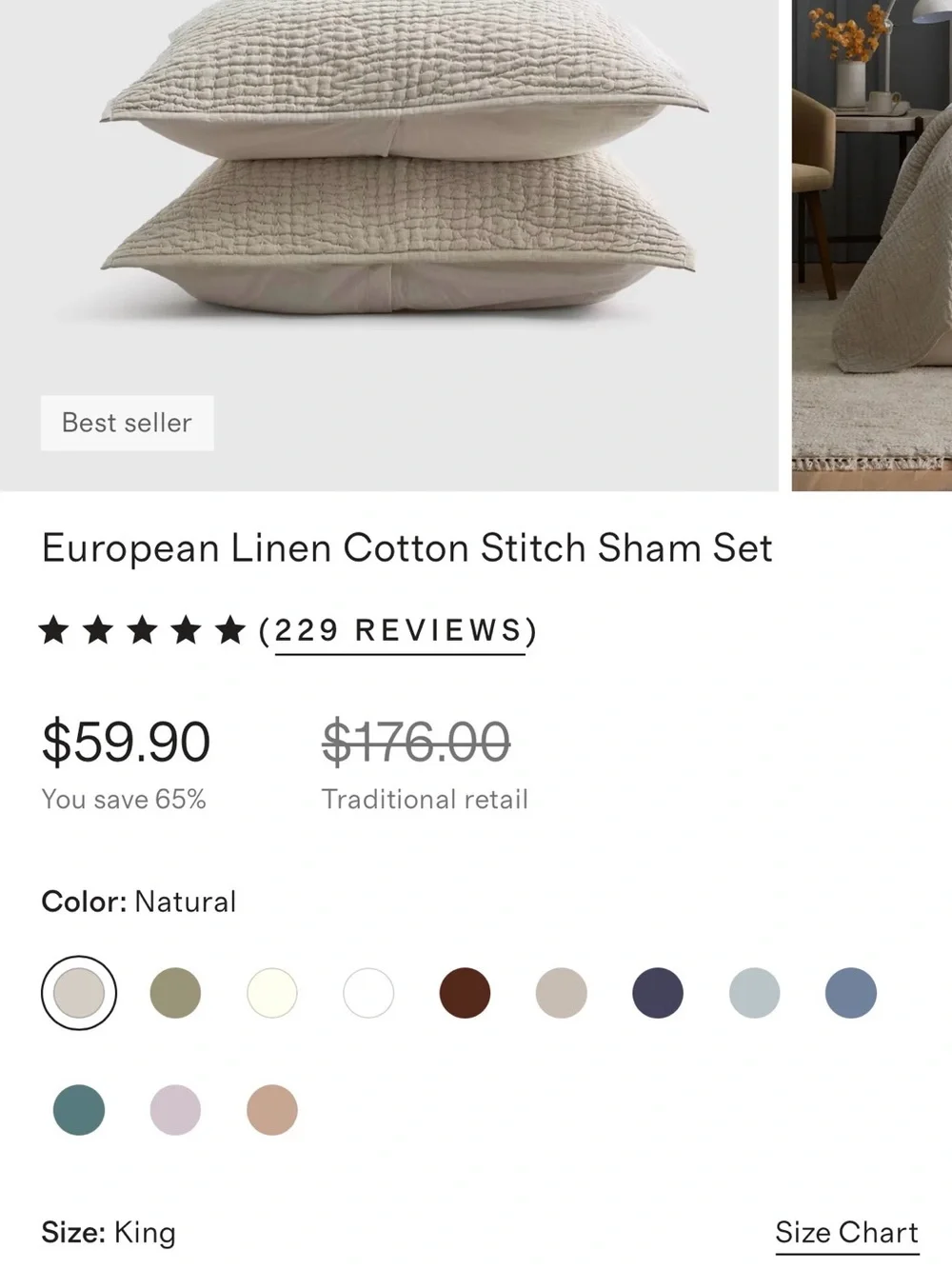 TWO Quince KING size European Linen Cotton Stitch Sham Set NATURAL Color $59